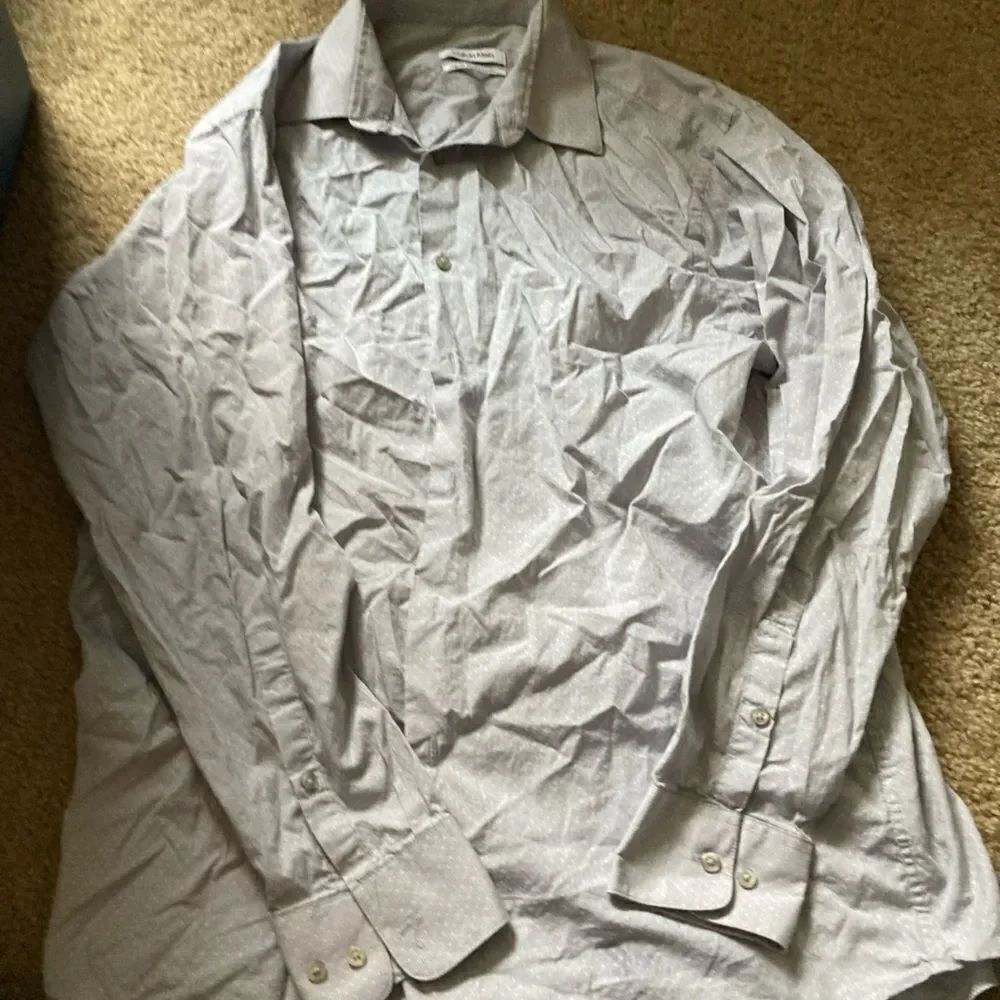 Mens Gray and White Calvin Klein Button Down Dress Shirt